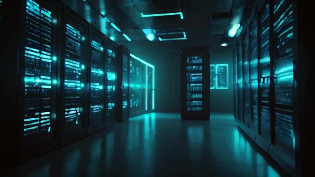Explore the inner workings of a server room within a data center or ISP, where rows of network and data servers are visible behind glass panels, filmed with a forward dolly shot.
