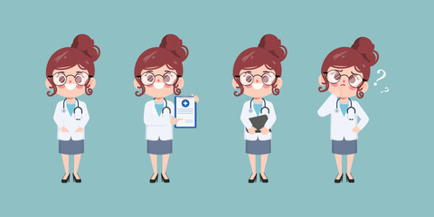 Doctor character set for medicine. Healthcare medical people in hospital animation. Vector cartoon design.