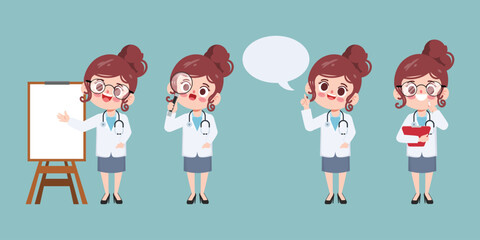 Doctor character set for medicine. Healthcare medical people in hospital animation. Vector cartoon design.