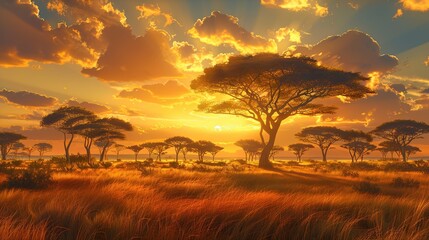 Sunset over a vast savannah with acacia trees  