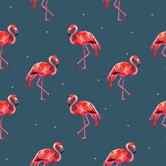 Watercolor flamingo background. Summer seamless pattern of flamingo.