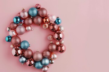 Pastel Pink and Blue Christmas Bauble Wreath on Pink Background