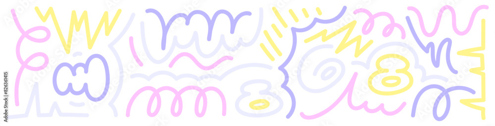 Poster fun pattern for kids with colorful shapes and confetti. abstract background with scribbles and lines