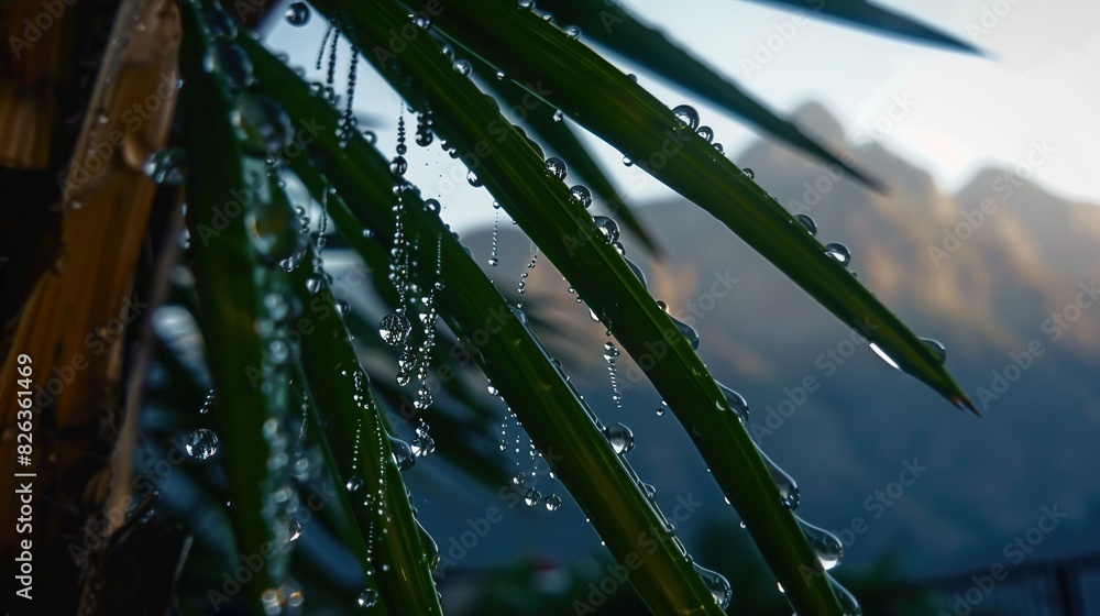 Poster a close-up of a palm tree with water drops on it against a mountainous backdrop