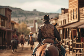 Generative AI picture Portrait of wild west retro movie western city town with cowboys and cowgirls and horses