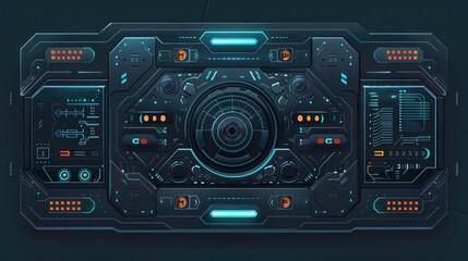 2D flat illustration, top view of a black screen with buttons and