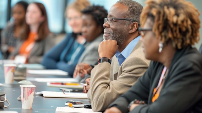 A diverse group of people attend a financial education workshop hosted by a knowledgeable and friendly financial advisor.