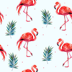 Naklejka premium Watercolor flamingo background. Summer seamless pattern with flamingo and leaves.