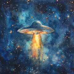 The image shows a watercolor painting of a UFO