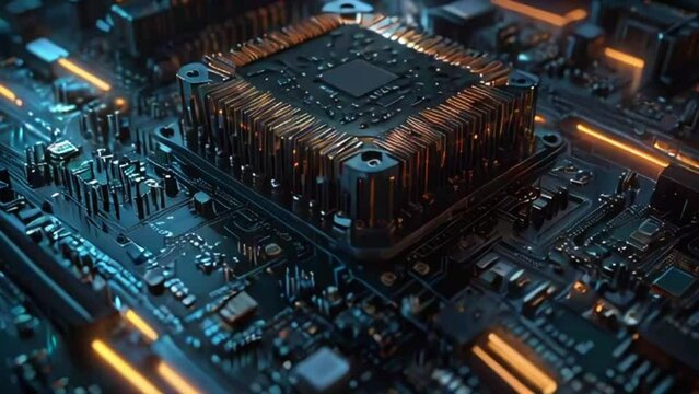 Delve into the realm of cutting-edge technology with a mesmerizing looping video by generative AI, offering a glimpse into the intricate world of CPUs, microchips, and computing processors.