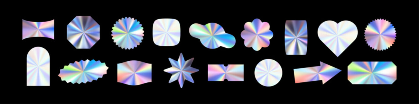 Holograph sticker with silver gradient and metal texture. Neon label, chrome tag, and holographic badge. Y2K price icon in circle shape with foil seal. Flat vector illustration isolated on white backg
