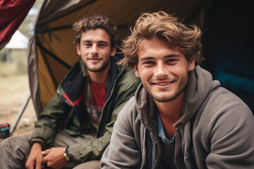 Fototapeta premium Family leisure weekend vacation on camping tent in wild nature relaxation Generative AI technology illustration