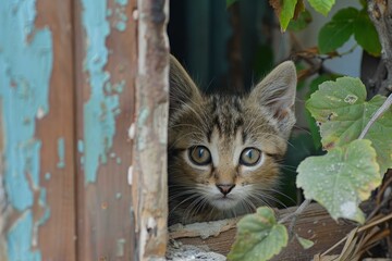Curious tabby kitten peers out from behind aged, peeling blue paint and foliage