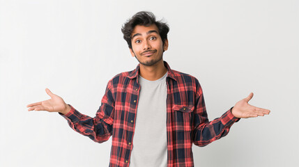 Young Man with Beard in Red Plaid Shirt Shrugging with a Confused Expression in Studio