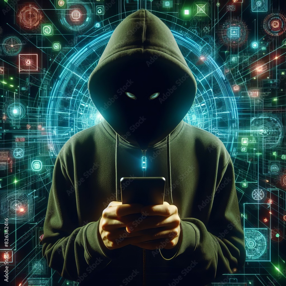 Poster a hooded figure in the center, face hidden by darkness, using a smartphone against a vibrant backdro