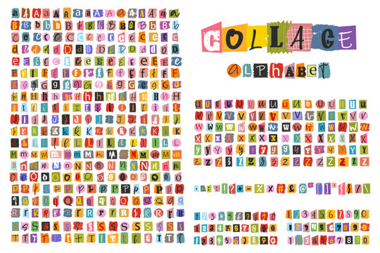 Alphabet collage of colorful cut out newspaper letters. Graffiti grunge style type font. Hand drawn alphabet .Handmade paper cut ransom note style font. Grunge punk clipped elements collection