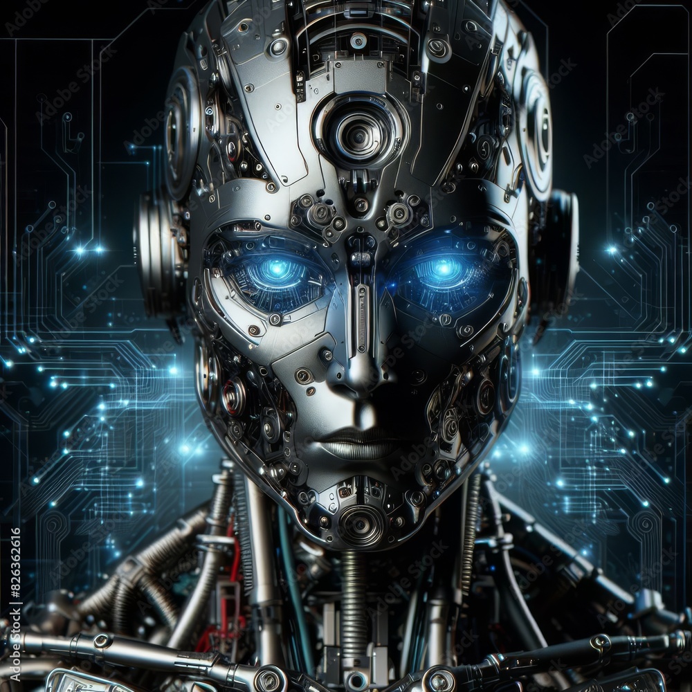 Poster an intricately designed robotic face featuring deep blue eyes and a detailed mechanical structure se