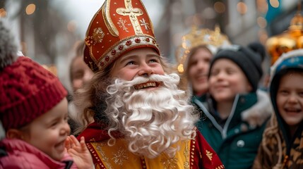 Vibrant Sinterklaas Parade in the Netherlands Children Enthusiastically Greeting St Nicholas Celebrating Holiday Festivities