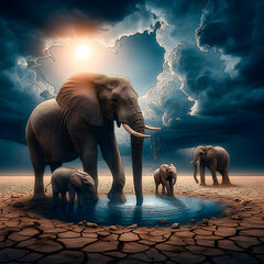 Słonie Na Pustyni Przy Wodopoju 