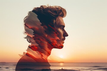 A highdefinition double exposure photograph of a persons silhouette merged with a field of tall grass, against a backdrop of a bright and expansive sky The composition emphasizes the connection betwee