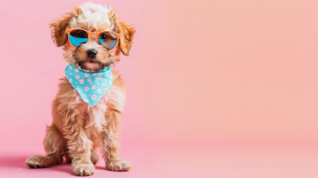 Cute puppy wearing blue sunglasses and a polka dot scarf sitting against a pink background, looking cool and stylish.