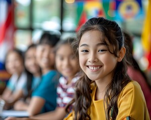 Fototapeta premium Smiling Multilingual Student at Diverse Language School Embracing Globalization Impacts