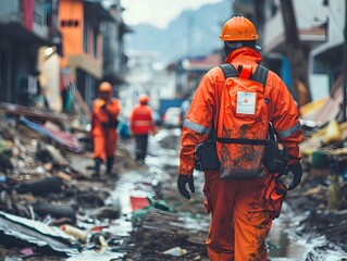 International Aid Workers Providing Relief in Disaster Stricken Area During Reconstruction and Rebuilding Efforts