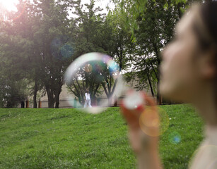 bubbles. summer day, soap bubbles on a background of green grass