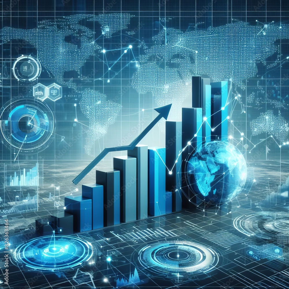 Poster a dynamic digital concept image of a rising graph with global map background symbolizing growth and 