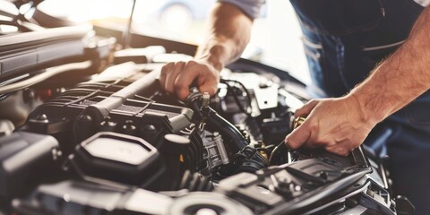An experienced mechanic fixing a car engine in a clean and bright auto repair shop