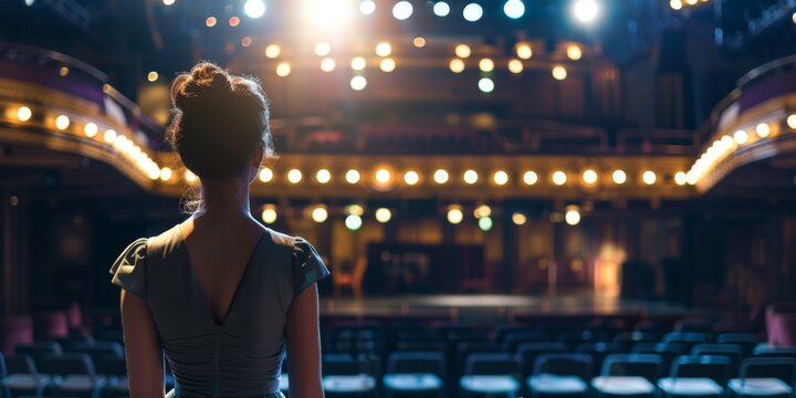 An actress performing a monologue in a well-lit theater, with the stage and seats blurred in the background