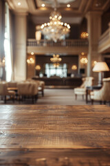 A polished wooden table in the foreground with a blurred background of a luxury hotel lobby. The background includes plush seating, elegant decors, a large chandelier, and a reception desk. 