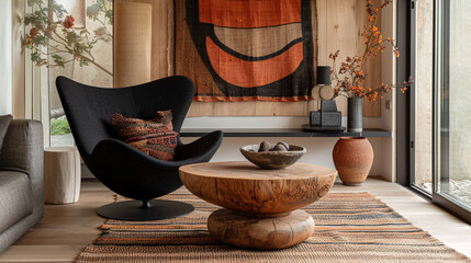 Living room with a contemporary design, featuring a wooden floor, stylish furniture, and green plants
