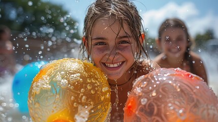 Naklejka premium Kids with water balloons, mid-splash, laughing, bright afternoon, wide-angle perspective, colorful, ample copy space on the top