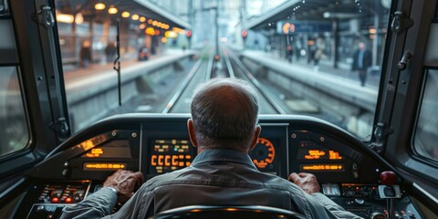 An experienced train driver watches the movement of the train in a bright cabin, with clean windows and advanced equipment, clear and bright