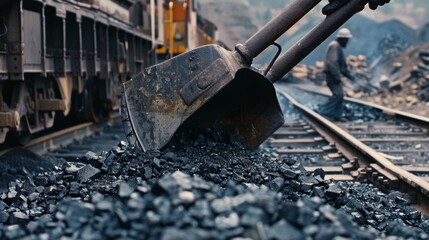 A closeup shot of a worker loading a large metal shovel with coal ready to transfer it onto a train car.