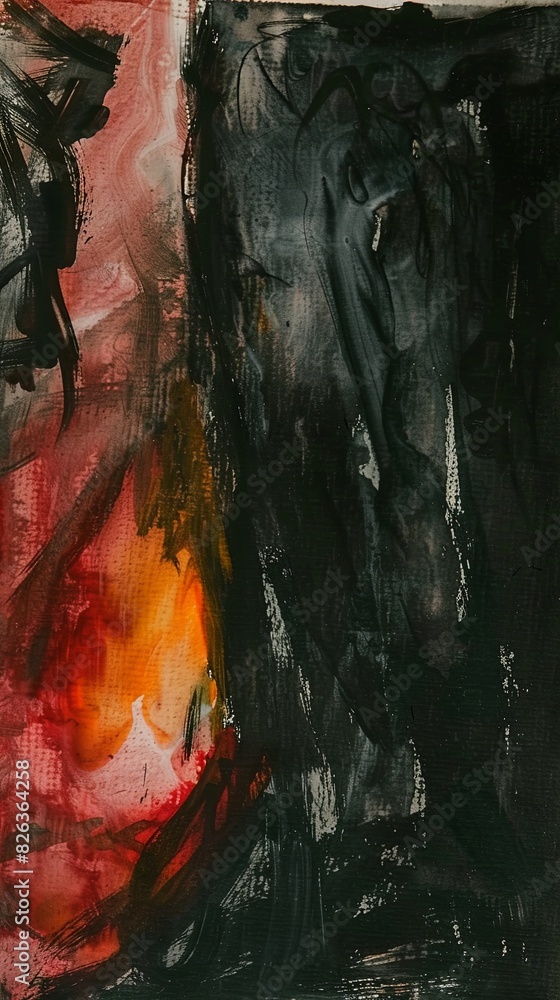 Poster dynamic abstract painting in black and red hues, suggesting movement and depth