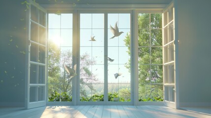 A window with a view of trees and birds