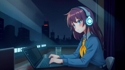 An anime girl in headphones using a laptop and typing on a keyboard at a cozy room at night - Powered by Adobe