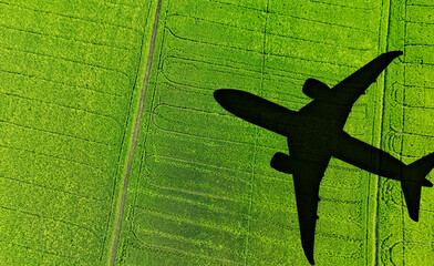 Shadow airplane flying above green field. Sustainable fuel. Biofuel in aviation. Sustainable transportation and eco-friendly flight with biofuel use. Aviation sustainability. Biofuel in air travel.