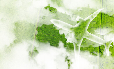 Sustainable aviation fuel concept. Net zero emissions flight. Sustainability transportation. Eco-friendly aviation fuel. Air travel. Future of flight with green innovation. Airplane use biofuel energy