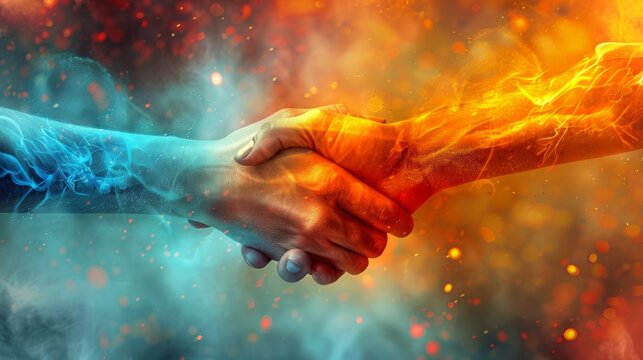 Fiery and icy handshake symbolizing unity between opposing forces, representing balance, collaboration, and the harmony of contrasting elements