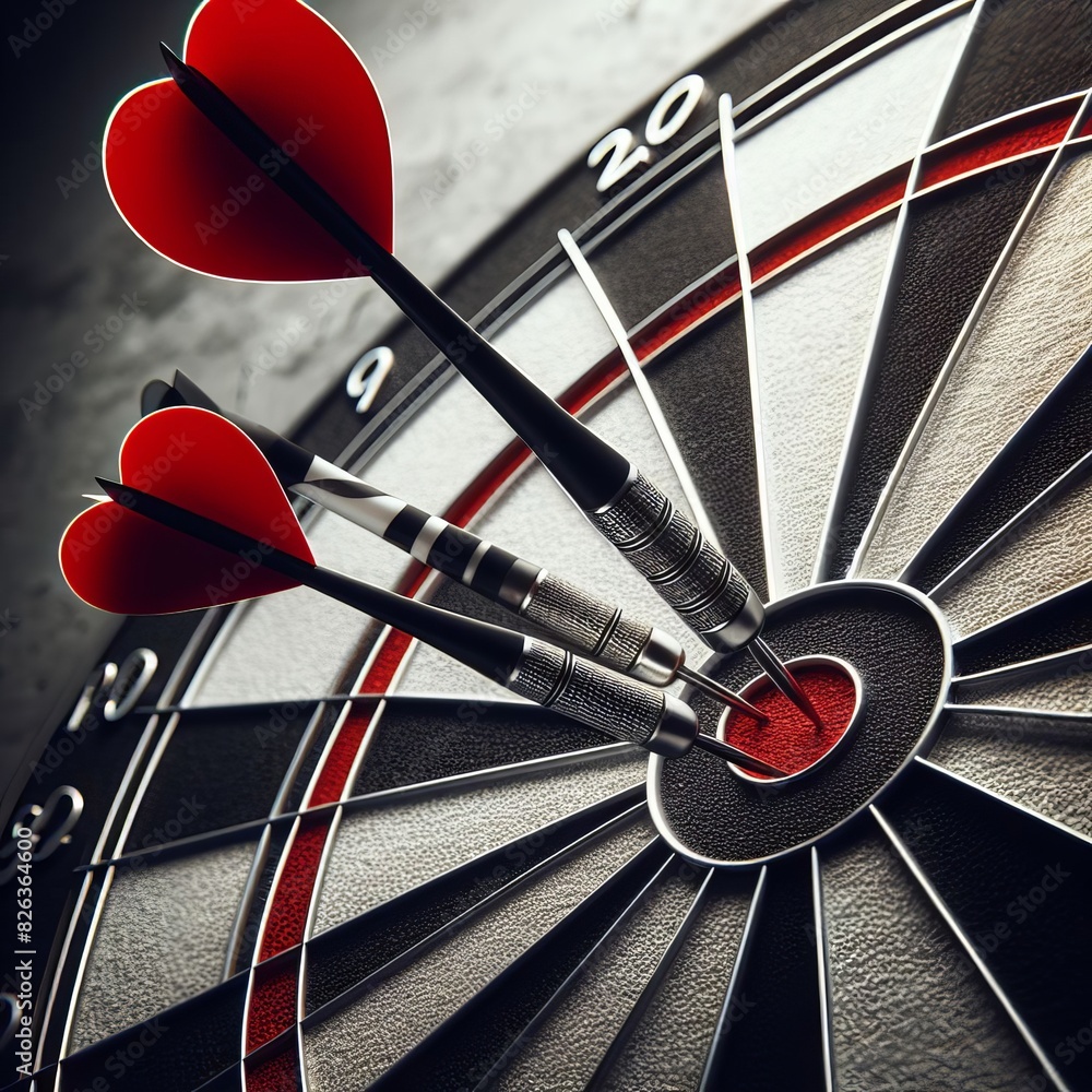 Poster a vivid close-up image showing three darts with red heart-shaped flights perfectly hitting the bulls