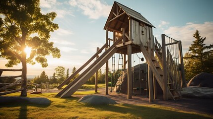 Wooden playground equipment in a park at sunset