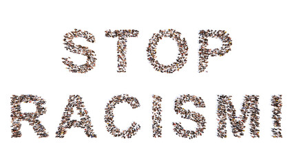 Concept conceptual large community of people forming STOP RACISM! slogan. 3d illustration metaphor for equality, social justice, end of discrimination, equal rights and opportunities