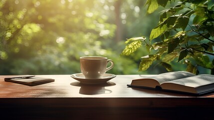 A cup of coffee and a book on a wooden table in front of a windo