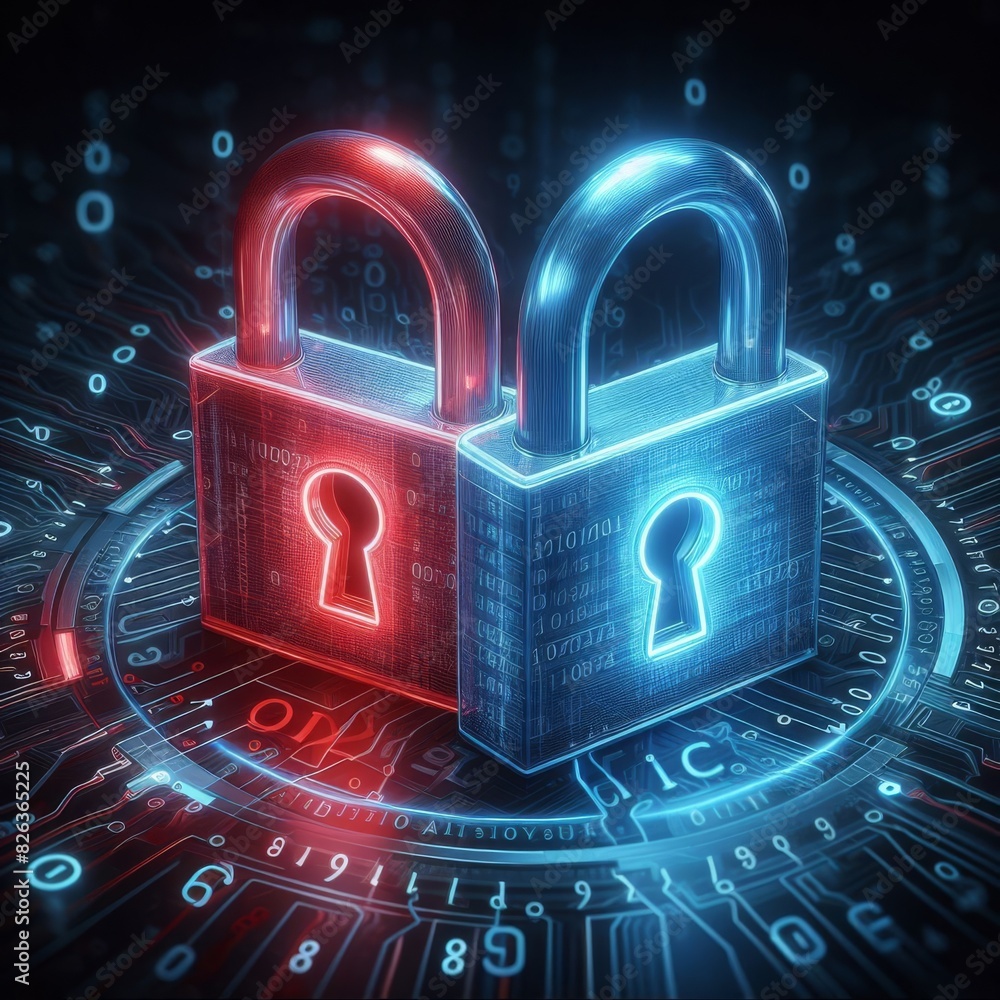 Poster red and blue digital padlocks over a circuit board background, depicting high-tech cybersecurity and