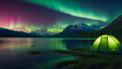 A glowing tent by a calm tranquil lake with the beautiful northern lights dancing in the sky