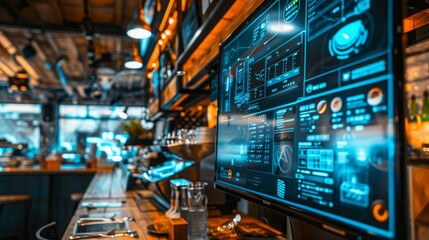 Obraz premium A bar with a massive screen mounted on the wall showing sports games to patrons.