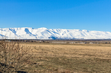 scenic view of snow covered Bazum mountain range from Gogavan (Lori province, Armenia)